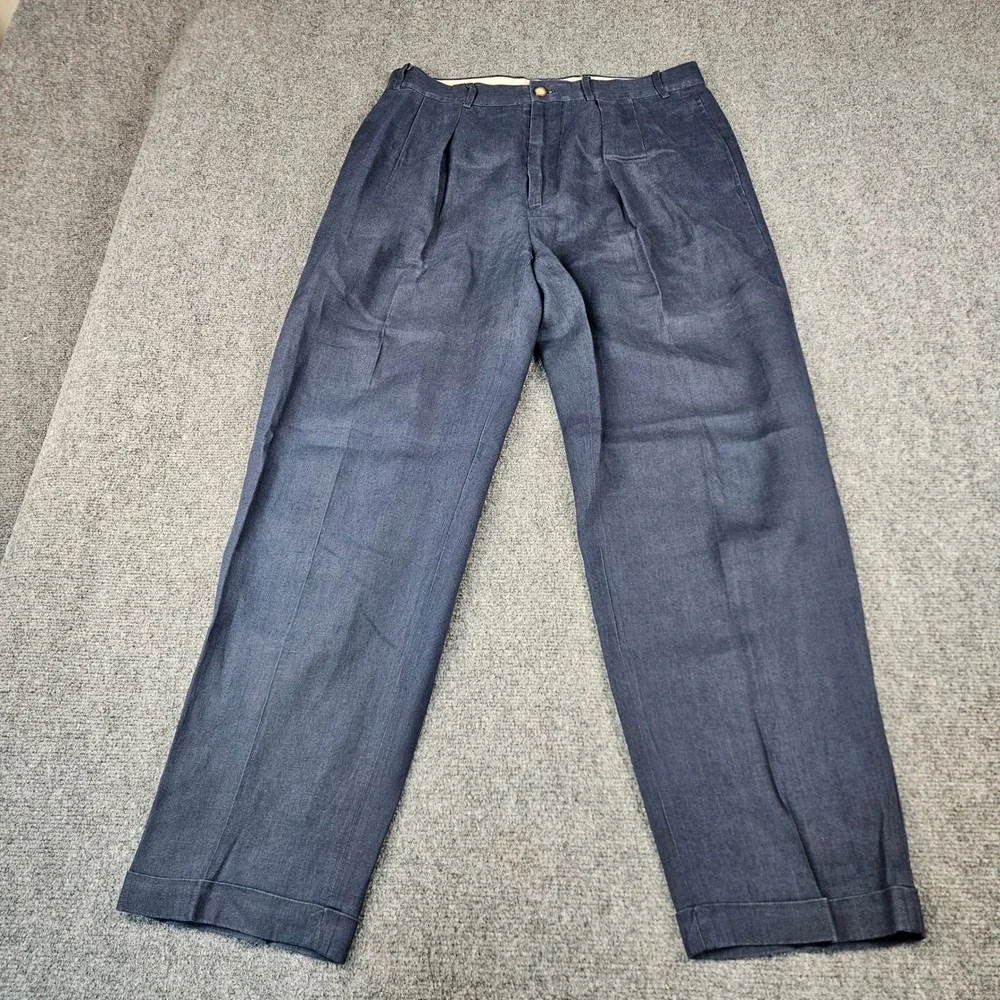Structure Le Collezioni Mens 34S Navy Blue 100% Linen Pleated Cuffed Dress Pants